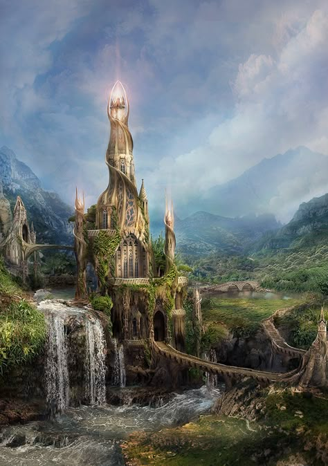 Magic Tower, Elven City, Wizard Tower, Fantasy Castles, Earth Kingdom, Fantasy Buildings, Fantasy Wizard, Scenic Wallpaper, Castle Tower