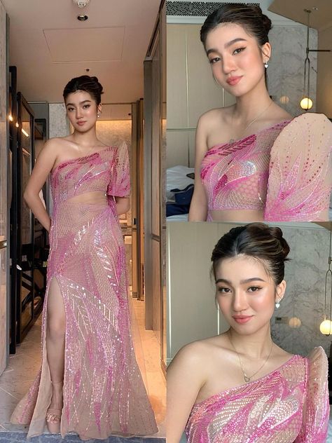 Modern Filipiniana Cocktail Dress, Nadine Lustre Filipiniana, Filipiñana Modern Outfit, Filipiñana Prom Dress, Modern Filipina Outfit Ideas, Modern Filipiniana Dress Gowns, Hairstyles For Filipiniana Dress, One Shoulder Filipiniana, Hairstyle For Filipiniana Attire