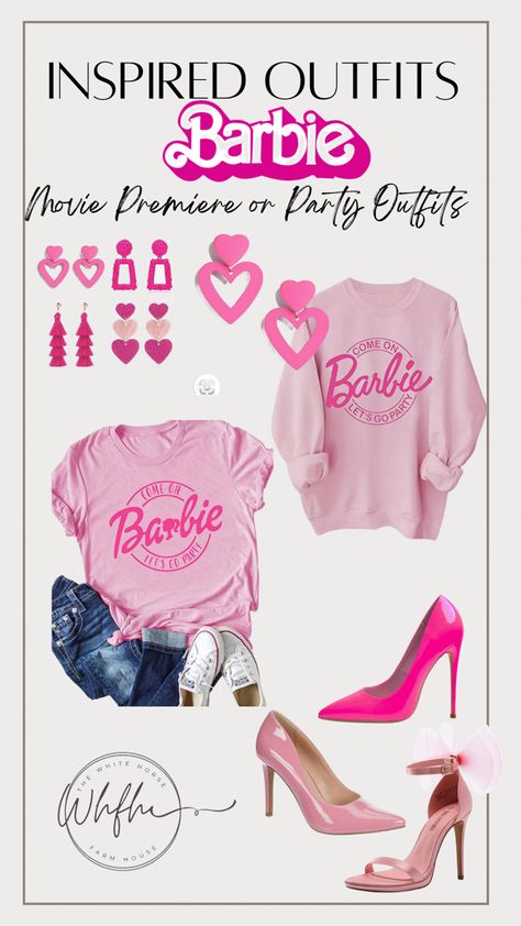 Barbie movie, Barbie outfit, Barbie, heels, pink heels, pink T-shirt, Barbie, earrings, pink earrings, Barbie party Mom Barbie Outfit, Barbie Sweatshirt Outfit, Barbie Party Outfit, Barbie Inspired Outfits, Mom Prom, Barbie Earrings, Movie Outfit, Barbie Sweatshirt, Barbie Shirt