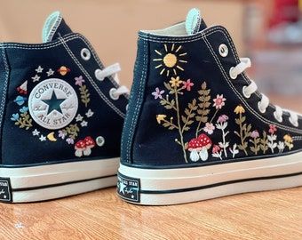 Floral Embroidery Shoes, Converse Embroidery, Embroidered Converse, Cute Converse, Converse Custom, Wedding Converse, Embroidery Shoes, Star Embroidery, Embroidered Shoes