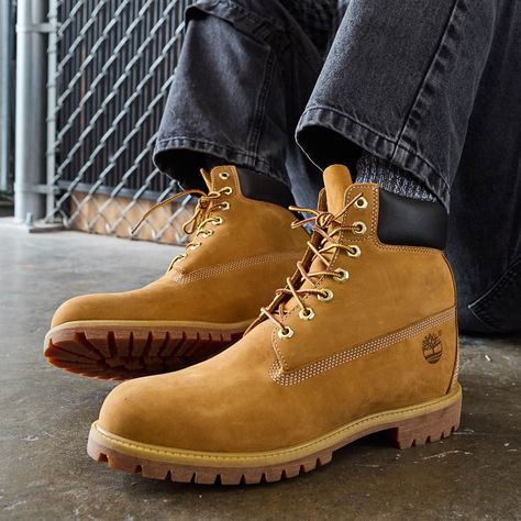 Mens Timberland Premium 6" Boot - Wheat | Journeys Men's Workwear Fashion, Men Winter Shoes, Timberland Boots Outfit Mens, Timberland (men), Boots Men Outfit, Timberland Boots Outfit, Timberland Boots Mens, Vintage Style Shoes, Timberland Waterproof