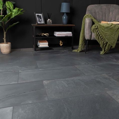 These Mahal Black Brushed Slate Tiles have a beautiful brushed finish and are made from natural slate. These slate tiles are extremely impenetrable enabling the slate to be lightly honed to give a brushed finish, which results in the slate tiles keeping a very subtle riven finish on the surface. Tile thickness may vary due to the natural undulation created when brushed.   What's special about these tiles? > Slate stone effect design > 8-12mm thick natural slate body > Perfect for a stylish naturalistic patio space > R11 anti-slip surface > Long lasting and frostproof   Sealing and maintenance Due to the porosity of natural stone, they do require sealing. They need to be given a few coats before grouting and a further coat after to ensure they are well-protected. To keep the tiles their nat Black Slate Floor, Grey Slate Tile, Black Slate Tiles, Slate Tiles, Slate Tile Floor, Country Vibe, Black Floor Tiles, Grey Floor Tiles, Hallway Flooring