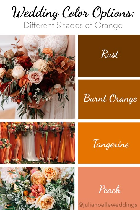 Shades of Orange Wedding Color Options: rust, burnt orange, tangerine, peach wedding colors and wedding photos Wedding Color Orange, Wedding Themes November, Wedding Inspiration Unique, Burnt Orange Wedding Color Schemes, Wedding Fall Colors October, Emerald And Moss Green Wedding, Fall Sunset Wedding, Orange And Tan Wedding Colors, Shades Of Orange Wedding