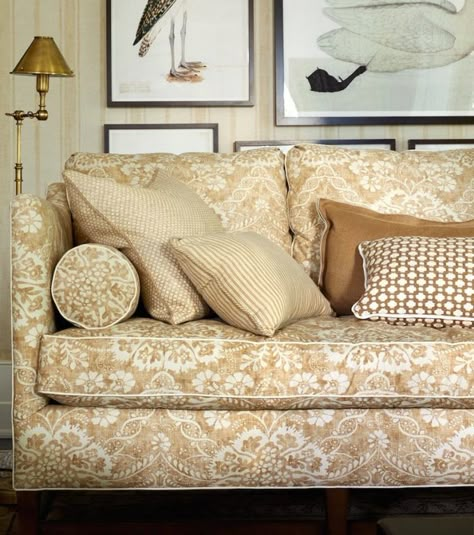 casual damask in a Mark Sikes fabric.  A Designer’s Secret For Mixing Fabric Patterns In A Room Mark D Sikes Interiors, Mark Sikes, Sofa Fabrics, Latest Sofa, Mark D Sikes, Sofa Design Ideas, Latest Sofa Designs, Countryside Cottage, Printed Sofa