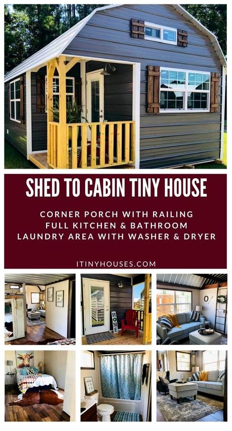 Fall in love with the style of this shed to cabin conversion! The ultimate tiny house design, this somewhat prefab kit is easy to customize! Watch how they turn a simple storage shed into a tiny home fit for a family! #TinyHouse #TinyHome #TinyCabin #Shed #ShedtoCabin #TinyShedHouse #ShedHouse #TinyHouseLiving Shed To Cabin Conversion, Shed To Cabin, Shed To House Conversion, Shed To House, Shed Conversion, Tiny House Kits, Shed Tiny House, Shed Cabin, Diy Tiny House