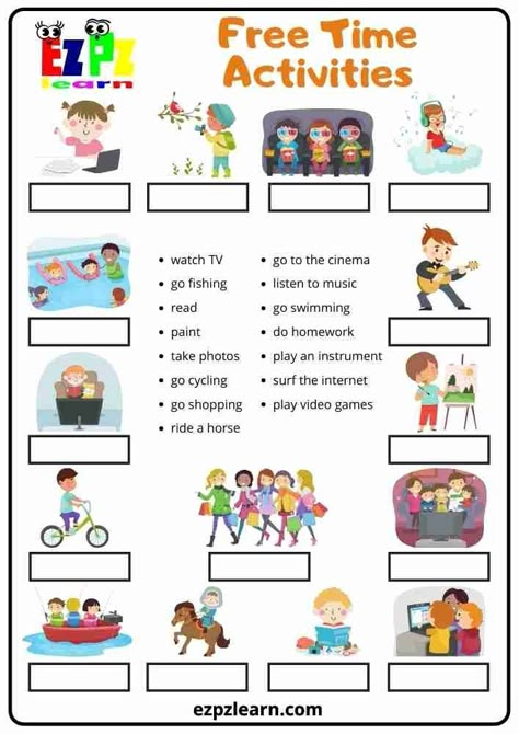 Esl Primary School Activities, Freetime Activities Worksheet, Free Time Activities Worksheets, Worksheet Activities For Kids, Esl Activities For Kids, English Class Activities, Games Worksheet, Activities Worksheets For Kids, Kindergarten Graduation Songs