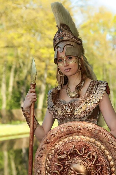 Athena Goddess Costume, Athena Helmet, Athena Costume, Spear And Shield, Pallas Athena, Warrior Outfit, Greek Warrior, Elves Fantasy, Goddess Costume