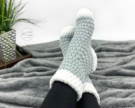 Crochet Slipper Socks - Free Pattern | Jo to the World Creations Wool Sock Crochet Pattern Free, Crochet Fuzzy Socks Pattern, Slipper Sock Crochet Pattern Free, Adult Socks Crochet, Crochet Slippers With Blanket Yarn, Crochet Sock Slippers Free Pattern, Crochet Socks Chunky Yarn, Crochet Chair Leg Socks, Crochet Pattern Socks Free