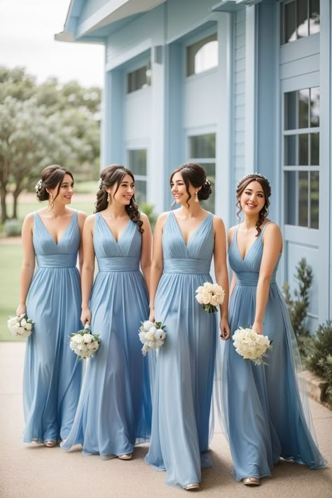 Light Blue Wedding Theme Bridesmaid Dress, Baby Blue And Black Wedding, Powder Blue Wedding Theme, Periwinkle Bridesmaid Dress, Powder Blue Bridesmaid, Fairytale Wedding Ring, Wedding With Dusty Blue, Light Blue Wedding Theme, Dinosaur Birthday Ideas