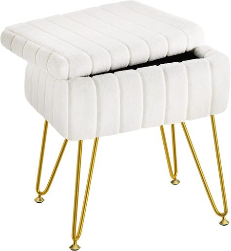 Greenstell makeup stool with soft faux fur, can be placed in the bedroom, living room, dressing room, office, etc. it can be a normal stool as a supplement at home, or a footstool with just the right height to match the sofa or the chair, and it can also be a storage basket that can be moved anywhere. You can have any small objects you want at your fingertips. Soft Ottoman, Makeup Bedroom, Room Dressing, Makeup Stool, Accent Stool, Iron Accents, Storage Chair, Vanity Chair, Chair Storage