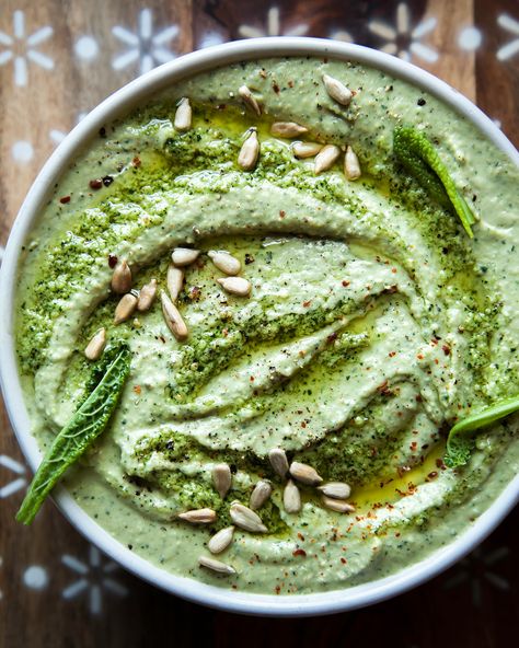 Creamy Kale Pesto White Bean Dip with Tahini & Sunflower Seeds (vegan) - The First Mess Pesto White Bean, White Bean Dip Vegan, Mediterranean Pantry, White Bean Dip Recipe, Creamy Kale, Veg Sandwich, Bean Dip Recipes, White Bean Dip, Best Food Processor