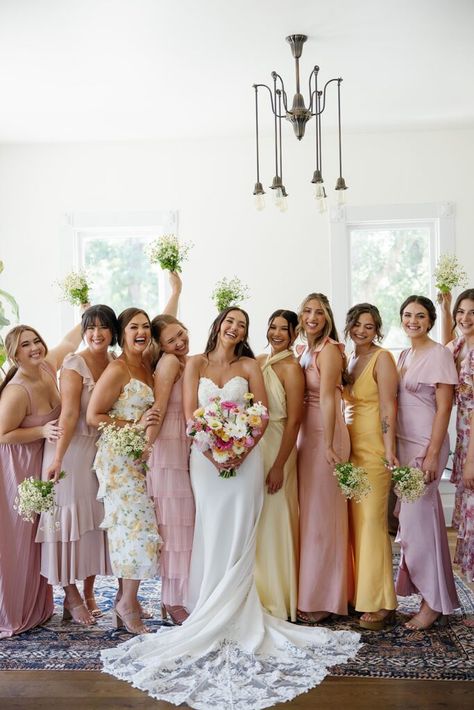 Pink Yellow Blue Bridesmaids, Garden Wedding Aesthetic Bridesmaids, Light Pink Bridesmaid Dresses Colorful Flowers, Pastel Dresses Bridesmaid, Pink Yellow Bridesmaid Dresses, Pastel Wedding Theme Color Schemes Bridesmaid Dresses, Pink Orange Yellow Bridesmaid Dresses, Spring Groomsmen Attire Color Schemes, Pastel Sunset Bridesmaid Dresses