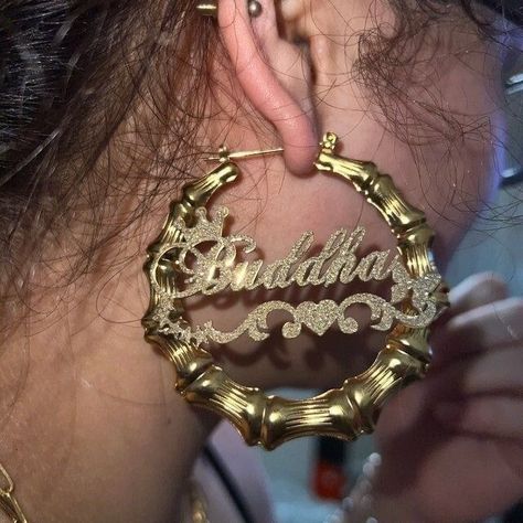 90s Earrings Hip Hop, Custom Bamboo Earrings, Big Hoop Earrings Outfit, Gold Bamboo Earrings, Font Chart, Hoop Earring Outfit, Hoop Earrings Aesthetic, Personalized Earrings, Earrings Name