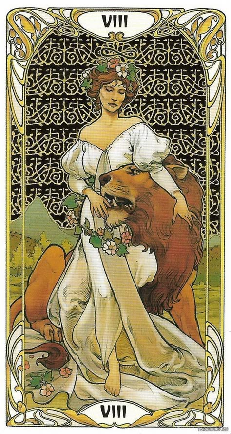 Golden Art Nouveau Tarot Tarot Strength, Art Nouveau Tarot, Strength Tarot Card, Tarot Cards Art Illustration, Leo Tarot, Strength Tarot, Tarot Card Tattoo, Tarot Tattoo, Golden Art