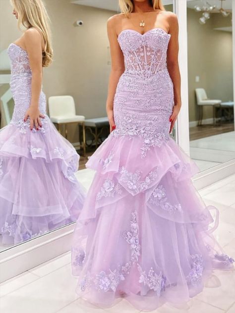 Prom Dresses Lavender, Purple Ball Gown, Sleeveless Mermaid Dress, Popular Prom Dresses, Matric Dance, Beaded Mermaid, Strapless Long Dress, Ruffle Beading, Mermaid Prom Dress