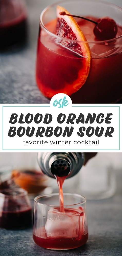 Smokey Bourbon Cocktail, Blood Orange Whiskey Sour, Honey Bourbon Cocktail, Blood Orange Bourbon Cocktail, Bulleit Bourbon Cocktails, Halloween Bourbon Cocktails, Fall Bourbon Drinks, Bourbon Fall Cocktails, Holiday Bourbon Cocktails