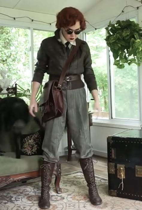 Steampunk Fashion Nonbinary, Vintage German Outfit, Modern Explorer Outfit, 1920s Pilot Outfit, Vintage Adventurer Outfit, Field Scientist Outfit, Fantasy Traveler Aesthetic Outfits, Cartographer Outfit, Time Traveler Aesthetic Clothes