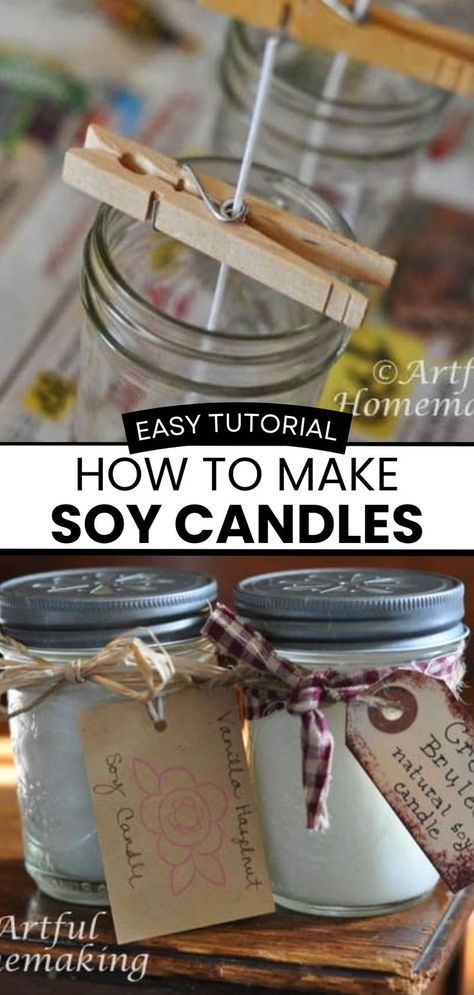 homemade Mason jar soy candles with decorative lids Soy Wax Candle Making For Beginners, Soy Beeswax Candles Diy, Candle Container Ideas Diy Projects, How To Make All Natural Candles, Stick Candles Diy, Diy Wax Candles Homemade, How To Make A Homemade Candle, Diy Candle Wicks Easy, How To Make A Candle At Home