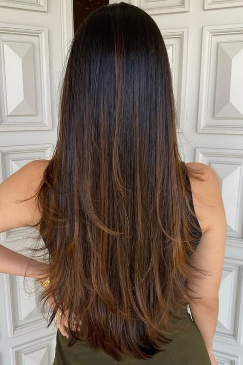 Brown Shade Hair Color Highlights, Hair Color In Straight Hair, Hair Long Color Ideas, Brown Highlights Hair Color, Balayage Hair Color Ideas Straight Hair, Hair Hailaits, Long Hair Coloring Ideas, Hair Color For Long Hair Highlights, Balayage Long Dark Brown Hair