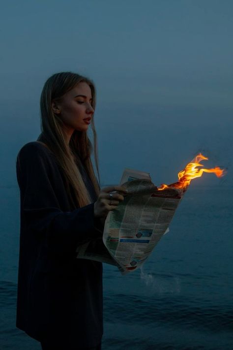 Newspaper On Fire Photoshoot, Fire Newspaper Photography, Burning Newspaper Photoshoot, Anger Photoshoot, Burning Photoshoot, Fire Portrait Photography, Preconvo Photoshoot, Burning Newspaper, Fire Photoshoot Ideas