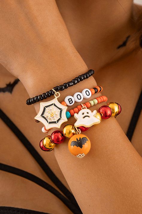 $1.98 Orange 4pcs Halloween Ghost Spider Web Beaded Bracelet Set Wholesale Orange Accessories, Ghost Spider, Halloween Bracelet, Chic Halloween, Halloween Beads, Halloween Style, Spooky Ghost, Stylish Bracelet, Halloween Spirit