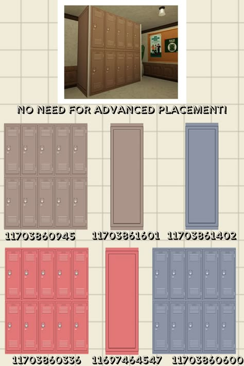 (I USED "Wide Full Wall Painting" for the painting frame) I decided to make mini versions of it!! Much cheaper and more space friendly. You do not need advanced placement for these school locker decals! Enjoy! #roblox #bloxburg #decals #bloxburgdecals #bloxburgschool #bloxburglockers Bloxburg Lockers Decals, Locker Bloxburg Codes, Bloxburg School Locker Decals, Blocksburg School Decals, Things To Put In A Bloxburg Town, Bloxburg School Locker Decal Codes, Roblox Bloxburg School Layouts, Modern School Bloxburg, Roblox School Layout