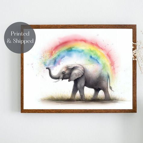 Cute colourful art print for childrens room featuring an elephant spraying a rainbow from its trunk. Nursery Illustration, Illustration Art Kids, Wildlife Pictures, Elephant Wall Art, Colourful Art, Nursery Room Inspiration, Cute Themes, Kids Nursery, Rainbow Art