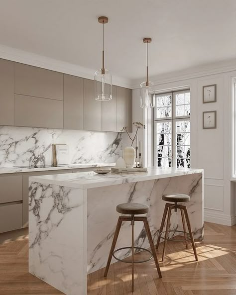 Beige Kitchens Modern, Kitchen Ideas Marble And Wood, Taupe Modern Kitchen, Wood And Taupe Kitchen, Taupe Marble Kitchen, Beige Marble Kitchen, Kitchen Island Marble And Wood, Oak Kitchen Marble Counter, Kitchen Brown Marble