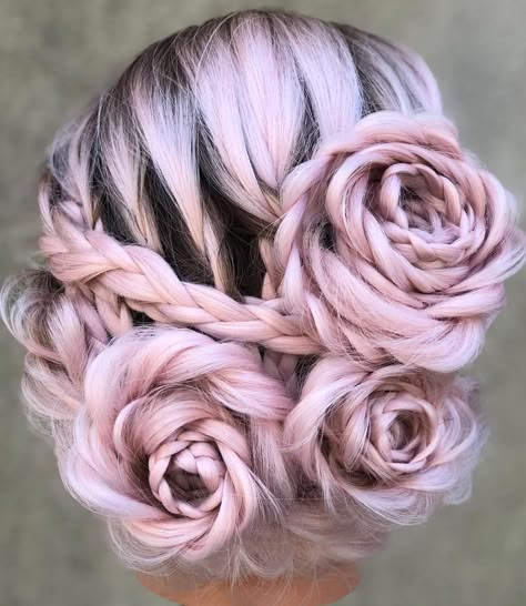 Roses In Hair Hairstyles, Braided Rose Hairstyle, Spring Hair Styles, Rose Braid, Fantasy Ideas, Spring Hair, Quince Ideas, Awesome Hair, Braid Ideas