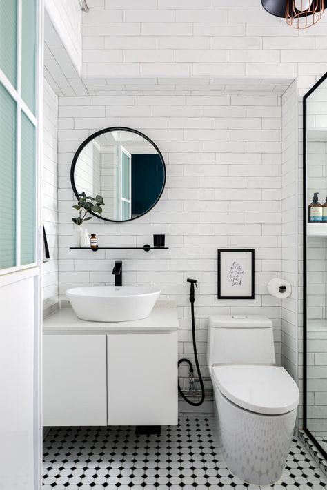 Subway Tile Bathroom Tub, Tile Bathroom Tub, Subway Tile Bathroom Floor, Tiny Shower Room Ideas, Subway Tile Bathroom Wall, Small Shower Room Ideas, Tiny Shower Room, Hdb Bathroom, Monochrome Interior Design