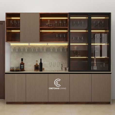 Crockery Unit Modern Cabinet Design, Crockery Cabinet With Bar, Bar Unit In Living Room Luxury, Crockery Unit Kitchen, Crockery Unit Design In Living Room, Crockery And Bar Unit Design, Crockery Design Ideas, Crockery Unit In Kitchen, Dining Crockery Unit Design