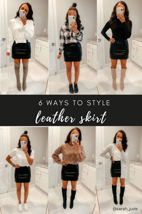 A faux leather skirt makes a great transition piece into fall! Sharing 6 easy ways to style your classic leather or black mini skirt this season. All product details are linked below ☺️ #styleblogger #styleshare #fallfashion Leather Skirt Night Outfit, Leather Skirt Shoes Outfit, Leather Skirt Business Casual, Leather Mini Skirt Outfit Work, High Waisted Leather Skirt Outfit, Leather Skirt And Bodysuit Outfit, Leather Look Skirt Outfit, Fall Black Leather Skirt Outfit, Style Leather Skirt Winter