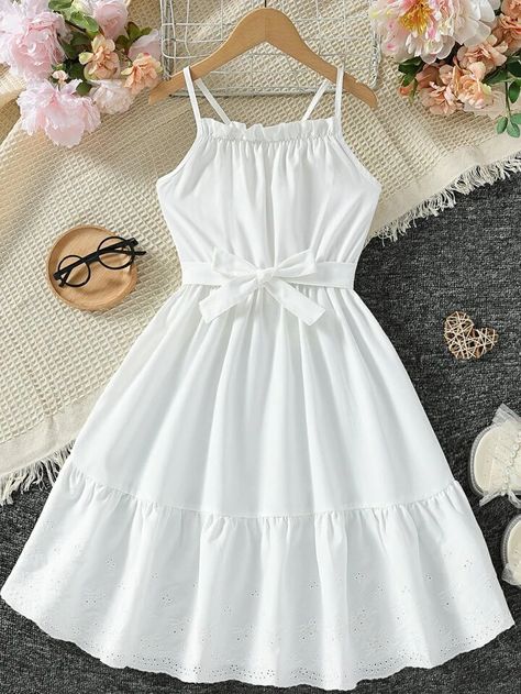 SHEIN Kids SUNSHNE Girls Eyelet Embroidery Ruffle Hem Belted Cami Dress | SHEIN USA Short Frocks Sleeveless, Simple White Dress For Kids, White Dress For Kids, Small Girls Dress, Plain White Dress, Kids White Dress, Simple White Dress, Child Dress, Shein Kids