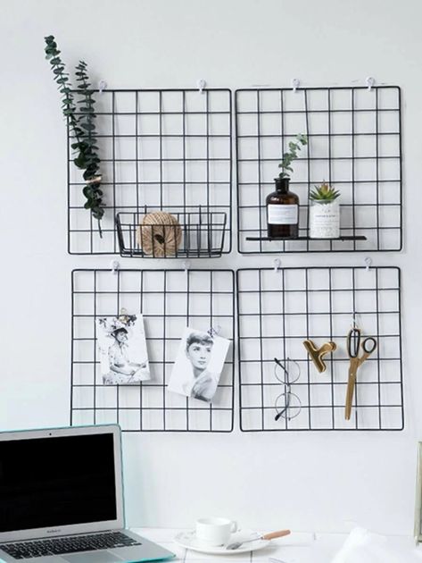 1pc Iron Grid Wall Hanging Decorative Rack | SHEIN USA Metal Wall Grid, Wall Grid, Grid Wall, Metal Grid, Uni Room, Room Makeover Bedroom, Hanging Racks, Wall Storage, Room Ideas Bedroom