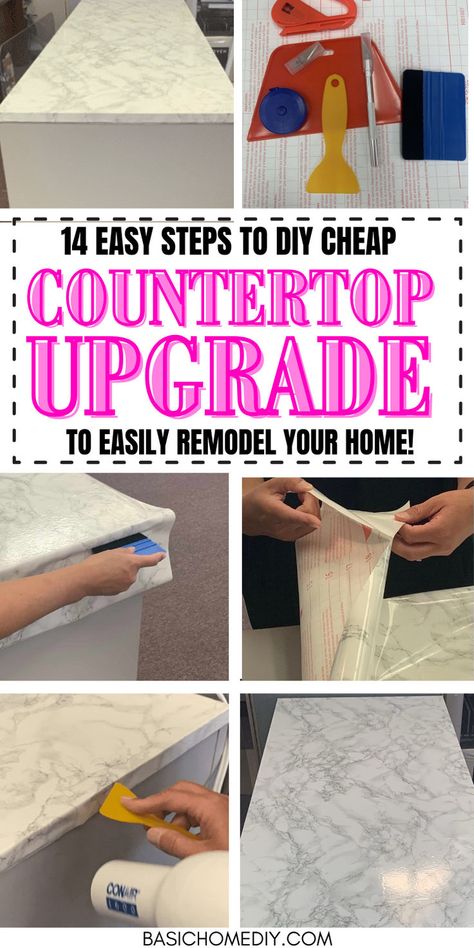 14 simple steps to DIY cheap contact paper countertop upgrade tutorial. Perfect for your butcher block, desk, kitchen countertops, or bathroom, this budget-friendly home makeover comes in granite, white, or faux marble. This budget home upgrade idea is a simple peel-and-stick solution to cover old countertops in a rental, camper, small kitchen, or apartment. Get a detailed tutorial to guide you through the installation process with before and after pictures. Diy Contact Paper Countertops, Cheap Countertop, Kitchen Counter Diy, Contact Paper Countertop, Peel And Stick Countertop, Butcher Block Desk, Cheap Kitchen Makeover, Faux Marble Countertop, Countertop Makeover