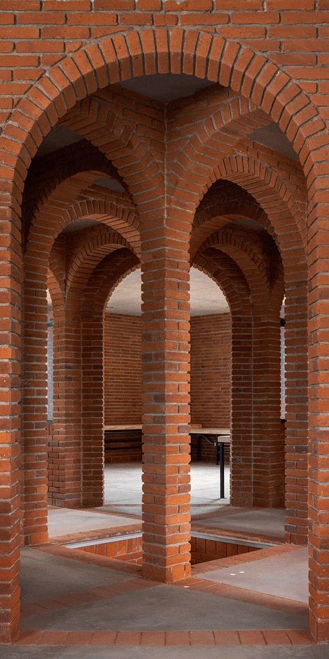 Exposed brick arches frame a lively public space in PILARES Quetzalcóatl’s design Brick Arches, Brick Columns, Mexican Architecture, Sou Fujimoto, Brick Arch, Community Centre, Public Architecture, Column Design, Landscape Elements