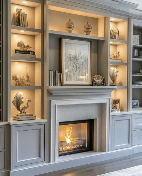 Tv Wall In Living Room Ideas, Arched Built Ins Next To Fireplace, Living Room Built In One Side, Built In Fire Places Ideas, Cozy Fireplace With Built Ins, Closed Cabinets Around Fireplace, Library With Fireplace Bookshelves, Electric Fireplace With Built In Shelves, Living Room Bookcases Built Ins