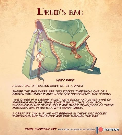 Druid's Bag (Other) Dnd Loot, Dnd Druid, Rpg Items, Dnd Magic Items, Bag Of Holding, Dnd Things, Dnd Stories, Dnd Magic, Dungeons And Dragons 5e