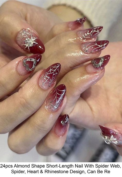 Free Returns ✓ Free Shipping✓. 24pcs Almond Shape Short-Length Nail With Spider Web, Spider, Heart & Rhinestone Design, Can Be Reused, Suitable For Daily And Festival Wearing- Press On Nails at SHEIN. Chrome Spider Nails, Spider Themed Nails, Red Spider Nails, Spider Heart, Spider Nails, Designs For Nails, College Christmas, Lily Nails, Web Spider