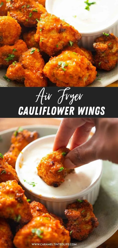 collage of buffalo cauliflower and dip images Air Fryer Cauliflower Wings, Air Fried Cauliflower, Tempura Cauliflower, Veg Crispy, Vegan Cauliflower Wings, Air Fryer Vegan, Air Fryer Cauliflower, Buffalo Cauliflower Wings, Wings Buffalo