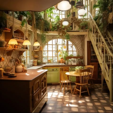 Cottage Core House Interior Kitchen, Treehouse Inspired Home, Art Deco Tiny House, Balinese Interior Living Rooms, Cottagecore Townhouse, Shire Inspired Home, Cute House Interior Aesthetic, Wizard House Aesthetic, Victorian Homes Interior Bohemian