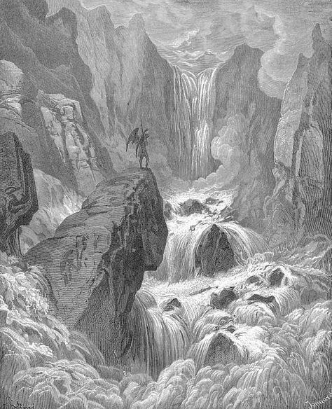 Gustave Doré. In with the river sunk, and with it rose Satan. John Milton Paradise Lost, Milton Paradise Lost, Gustave Dore, Paradise Lost, Biblical Art, Classical Art, Gothic Art, Fallen Angel, Surreal Art