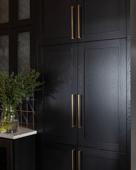 Black Inset Kitchen Cabinets, Black Kitchen Cabinets Brass Hardware, Black Cabinet Brass Hardware, Black Stained Built Ins, Black Stained Bathroom Cabinets, Black Wood Cabinet, Black Wood Cabinets Kitchen, Black Cabinets With Brass Hardware, Black Wood Grain Kitchen Cabinets