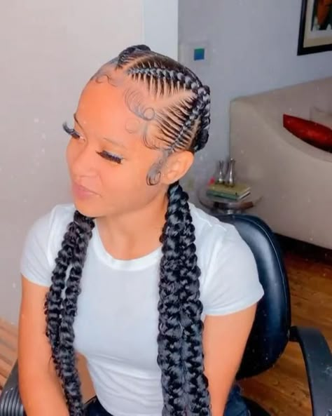 Cute Braids For Graduation, 4 Feed Ins Braids, 5 Feedin Braids Styles, Quick Feed In Braid Styles To The Back, 4 Goddess Braids Hairstyles, Braiding With Nails, 4 Stitch Braids With Curls, Designer Braids For Black Women, 4 Stitch Braids With Design