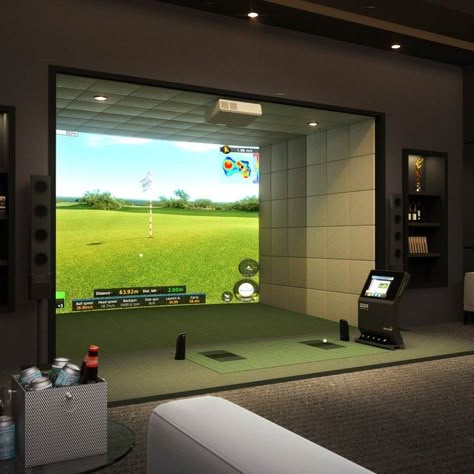 Sports Simulator Room, Luxury Golf Simulator Room, Home Golf Simulator Room, Indoor Golf Room, Golf Simulator Room Design, Golf Studio, Golf Man Cave, Home Golf Simulator, Golf Bar