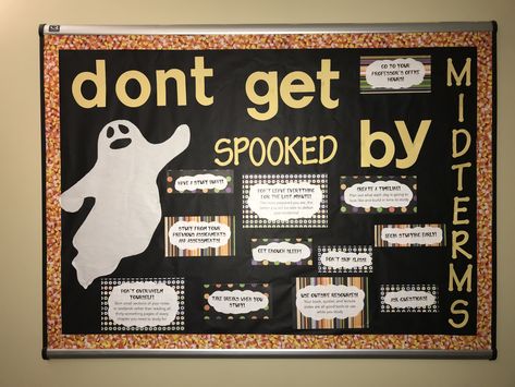 midterms bulletin board college ra #reslife #RA #KU Ghost Ra Bulletin Board, Ra October Programs, Midterms Bulletin Board Ra, Ra Bulletin Boards Midterms, Midterm Ra Bulletin Board, October Ra Board Ideas, Midterms Bulletin Board, Midterm Bulletin Board Ra, Bulletin Board Halloween Ideas