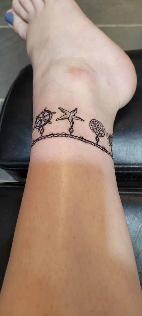 Ocean Anklet Tattoos For Women, Beachy Anklet Tattoos, Ocean Anklet Tattoo, Ankle Tattoos For Women Anklet Ideas Charm Bracelets, Beachy Hand Tattoos, Beachy Ankle Tattoos, Anklet Bracelet Tattoo, Hawaiian Ankle Tattoo, Ocean Bracelet Tattoo