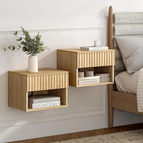 Amazon.com: EYYTHUNG Fluted Floating Nightstand Set of 2, Modern Small Night Stand with Drawer and Open Storage Shelf Wall Mounted Bedside Tables for Bedroom Bathroom Natural Oak : Home & Kitchen Floating Night Stand, Small Night Stand, Mounted Nightstand, Functional Nightstand, Wall Mounted Bedside Table, Floating Drawer, Nightstand Set, Nightstand Set Of 2, Nightstand Storage