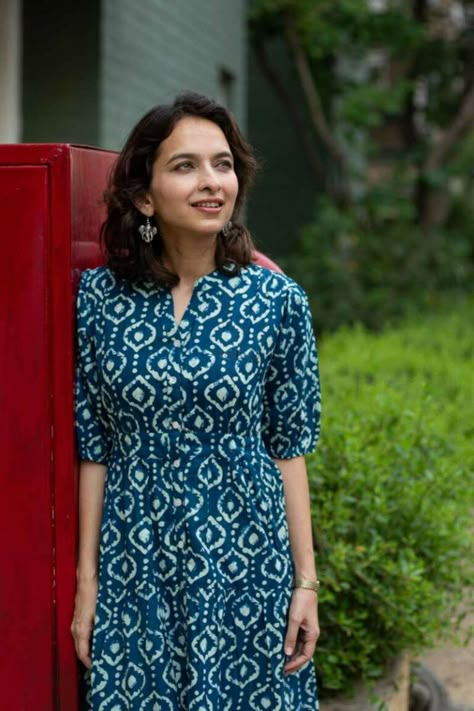 Kessa Vcr190 Saswati Cotton Handblock Dress Featured Dress Neck Patterns Indian Kurti Cotton, Indigo Churidar Design, Churidar With Collar Neck, Color Neck Kurti Designs Latest, Kurti Necks For Women, Dress Indian Style Simple Cotton Neck Design, Collar Neck Dress Designs, Collar Neck Kurtis, Simple Kurti Designs Cotton Printed Casual