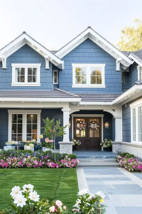 Choosing An Exterior Paint Color: 7 Tips that'll Make it Easy - Kaitlin Madden Home Blogger White House Blue Shutters Coastal, Southern Living Exterior Paint Colors, Blue House Landscaping Ideas, Blue House Front Porch, Beach House Paint Colors Exterior Home, Blue House Paint Exterior, Blue And White House Exterior, Light Blue House Exterior, Blue Paint Ideas